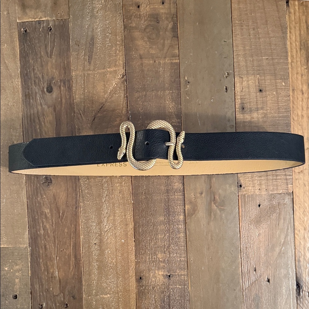 Express Black Belt with Gold Serpent Snake Buckle